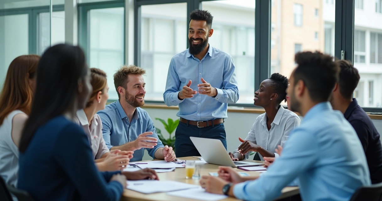 Equipe diversa em reunião com líder orientando ao redor de mesa redonda 