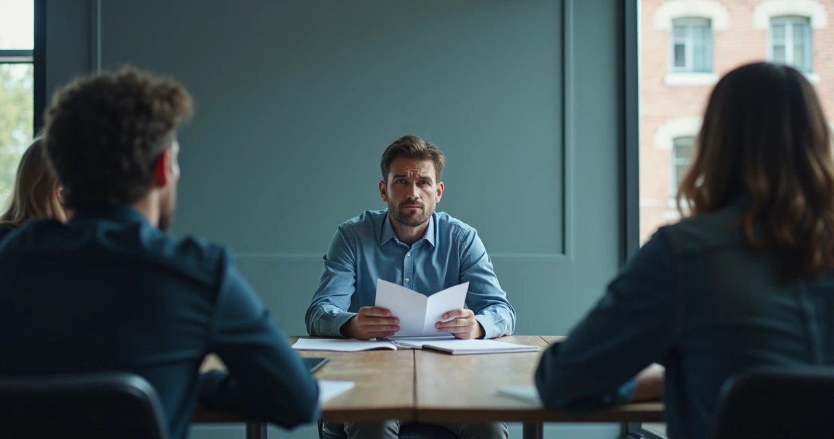 Persona en una reunión mirando documentos con expresión pensativa 