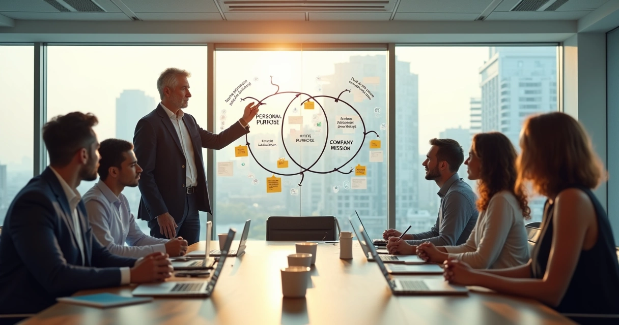 Líder em reunião com equipe alinhando propósito pessoal e missão da empresa 