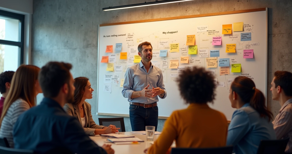 Líder e equipe juntos em pé, olhando para mural com metas e frases motivacionais. 