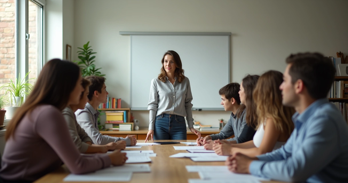 Persona liderando grupo de docentes en una escuela 