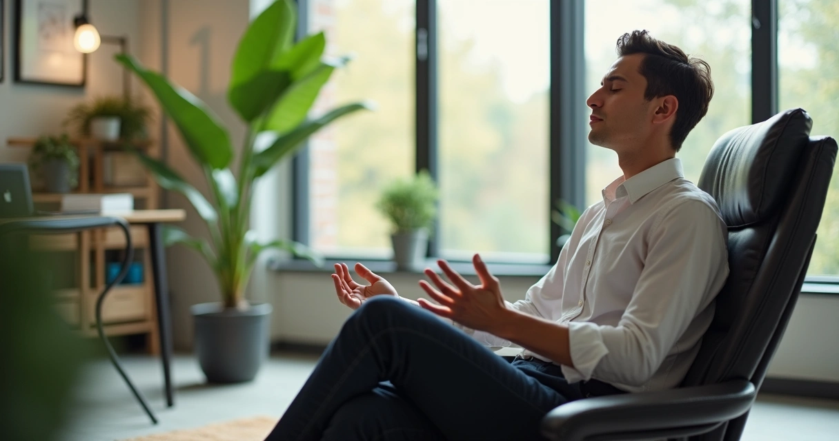 Líder sentado en una oficina practicando meditación de ojos cerrados. 