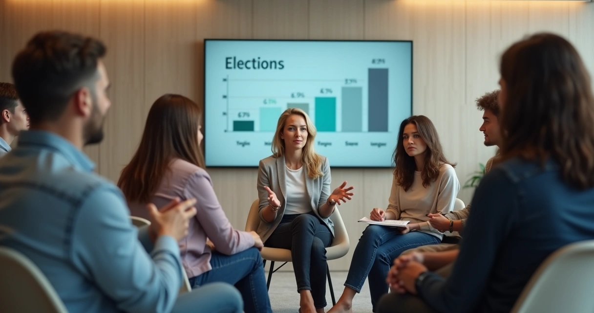 Líder falando com grupo preocupado sobre eleições em ambiente neutro 