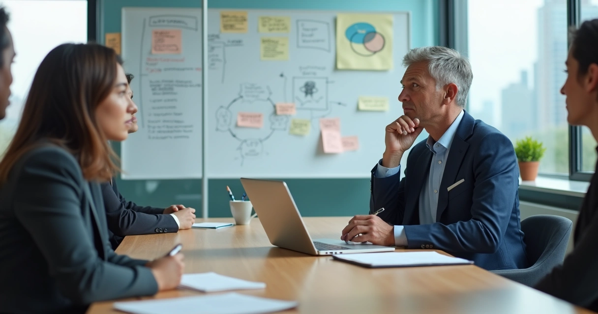 Líder em reunião refletindo com painel de anotações e gráficos ao fundo 