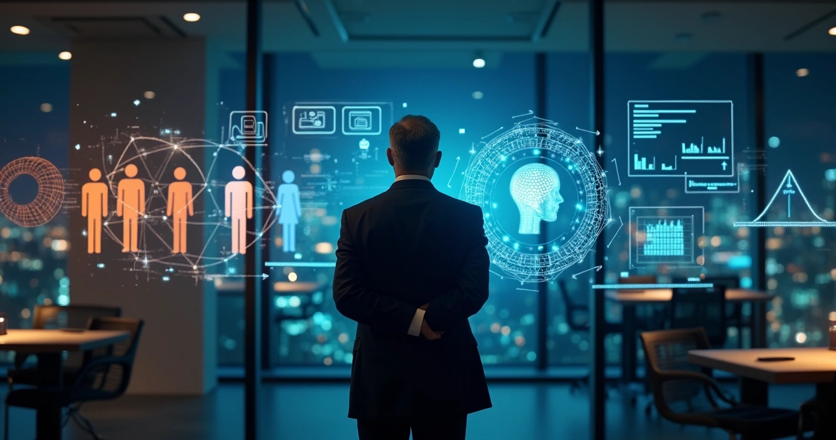 Executivo em dúvida diante de painel digital com ícones de pessoas e inteligência artificial 