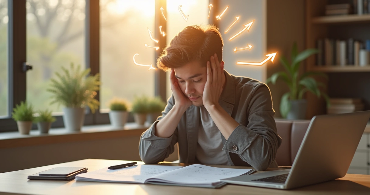 Pessoa refletindo com calma diante de múltiplos caminhos e setas de decisão 