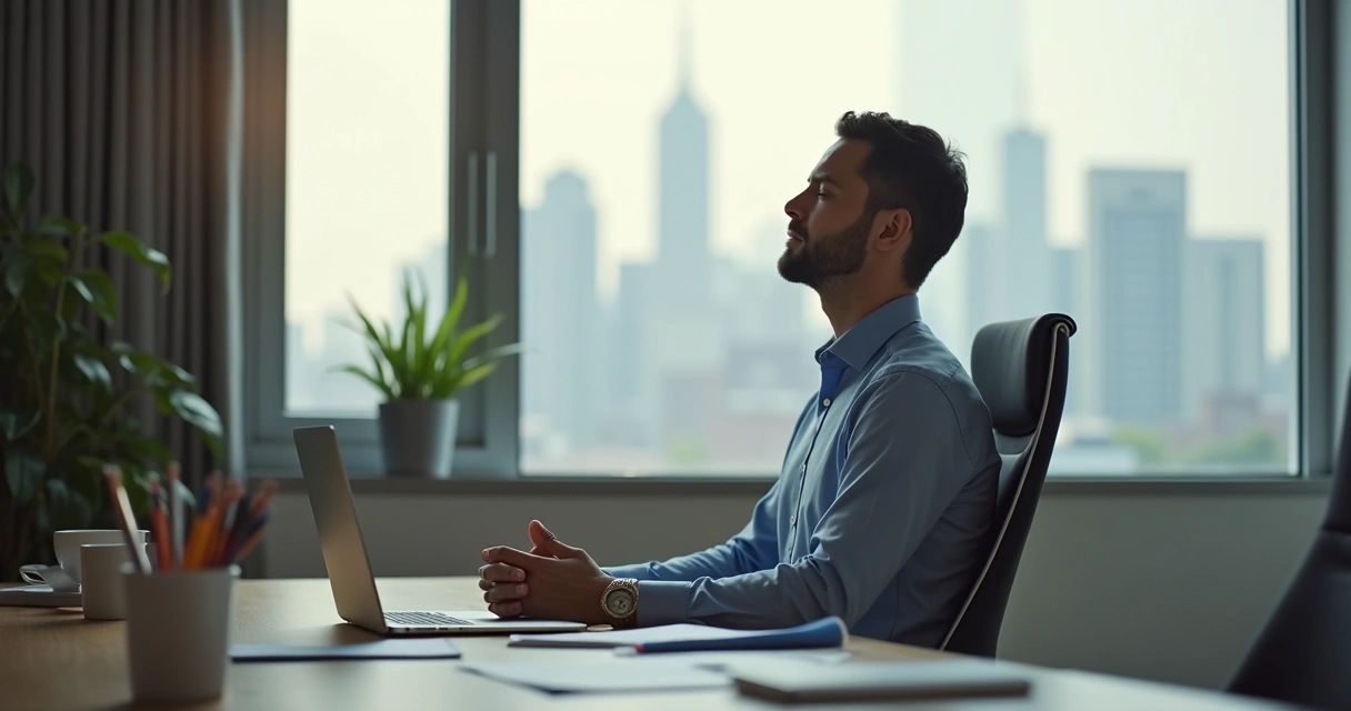 Líder em meditação breve no escritório antes de decisão