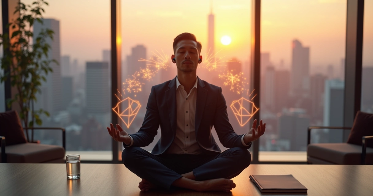 Líder sentado em meditação guiada em uma sala de vidro sobre a cidade ao amanhecer 