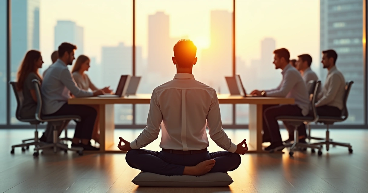 Líder sentado em meditação em sala de reunião moderna com equipe ao fundo 