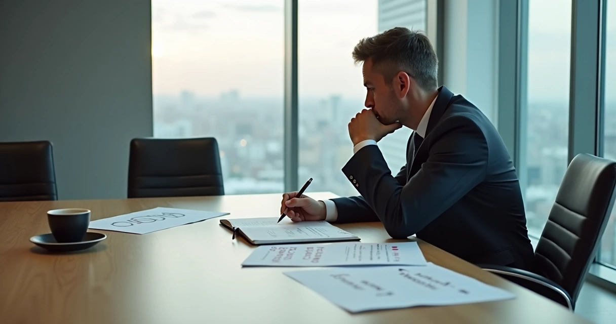 Líder observando anotações em sala de reunião