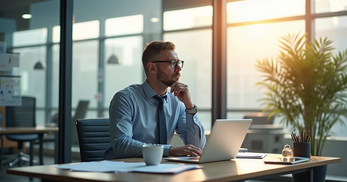 Homem sentado à mesa, olhando pela janela, em um momento silencioso de reflexão. 