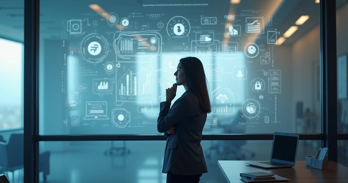 Líder observando painel digital em momento de reflexão 