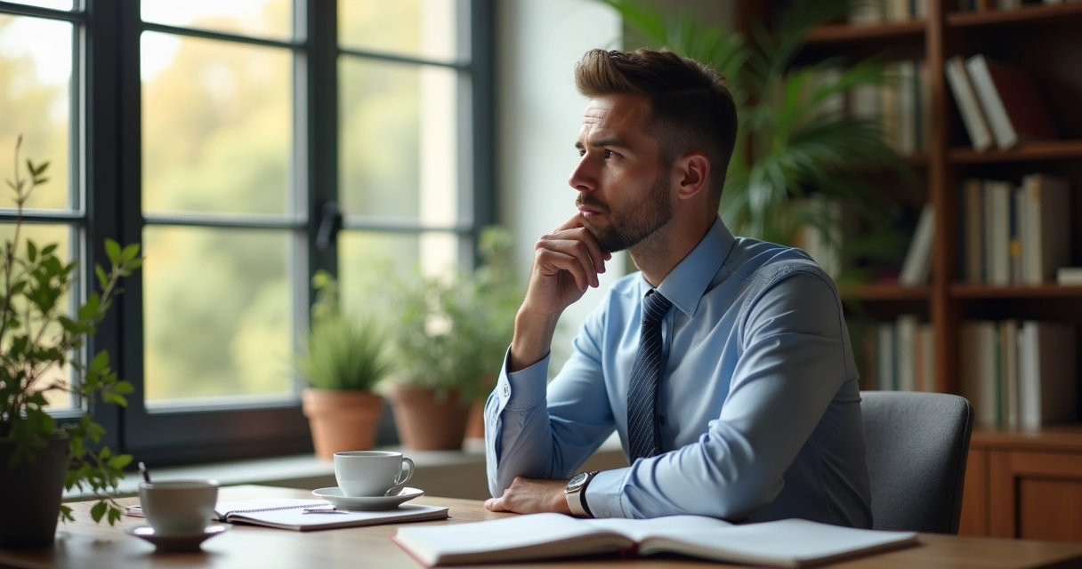 Homem sentado em cadeira de escritório de costas para a janela, olhando o horizonte pensativo 