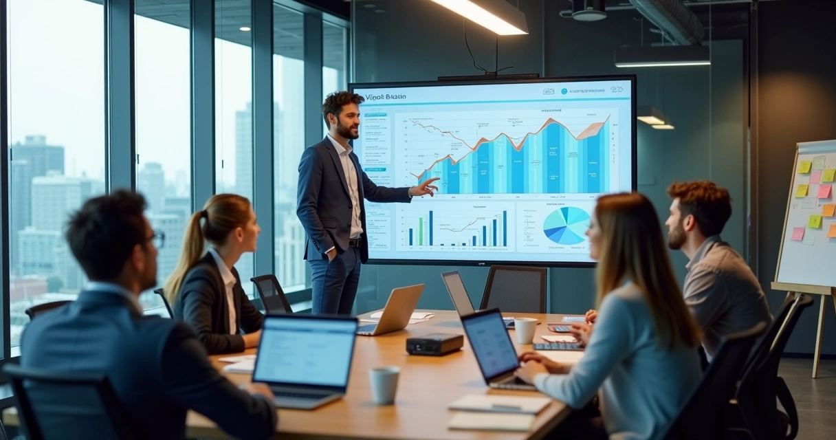 Líder em reunião com equipe diante de painel digital