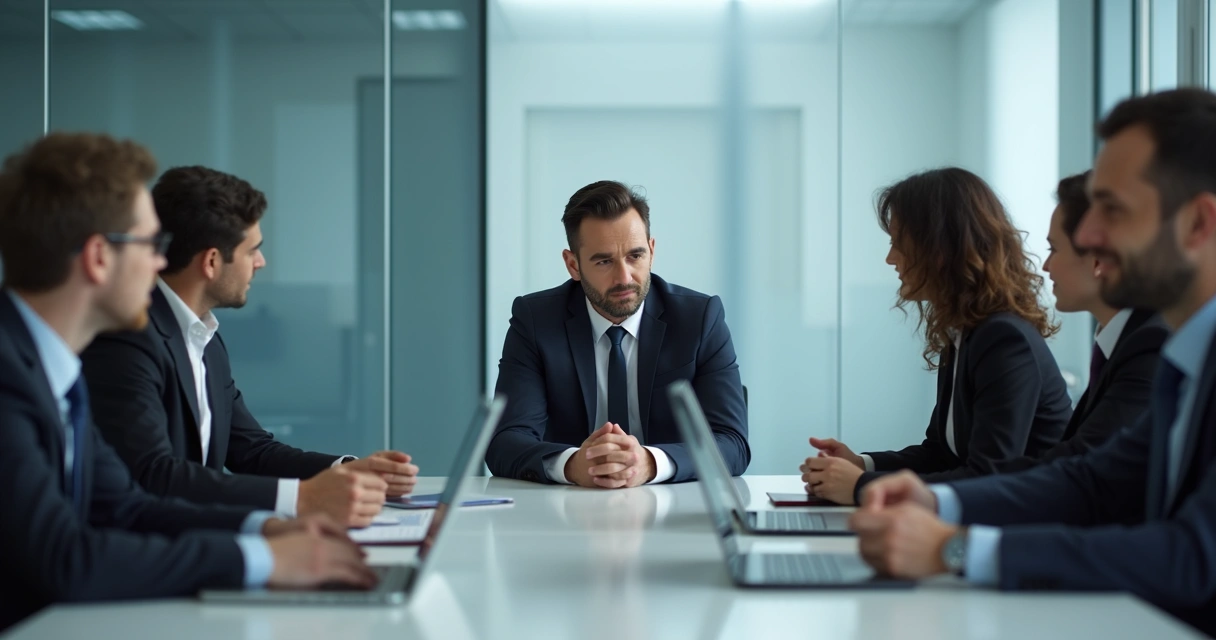 Líder em reunião com equipe observando 