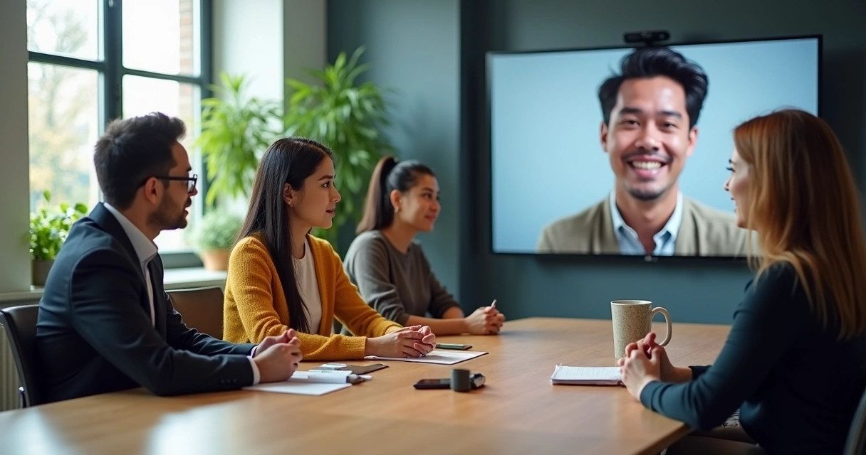 Líder dando feedback a funcionária em chamada de vídeo enquanto outros assistem presencialmente 
