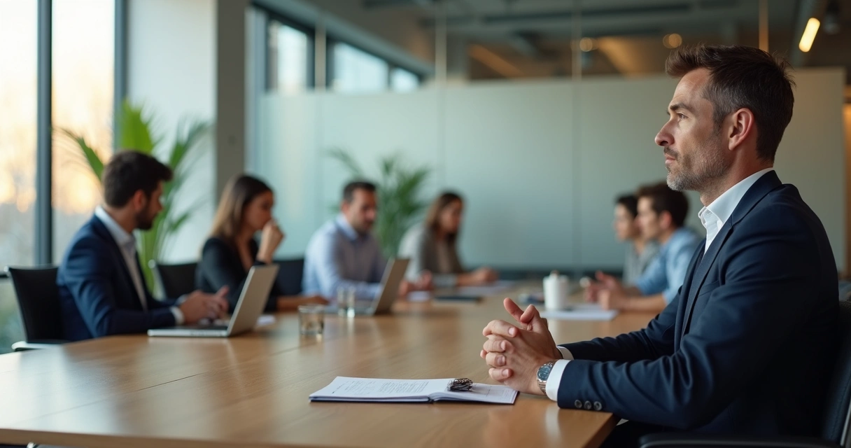 Líder em silêncio observando equipe em reunião de trabalho 