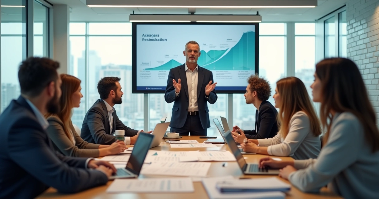 Líder em reunião guiando equipe em processo de transição organizacional 