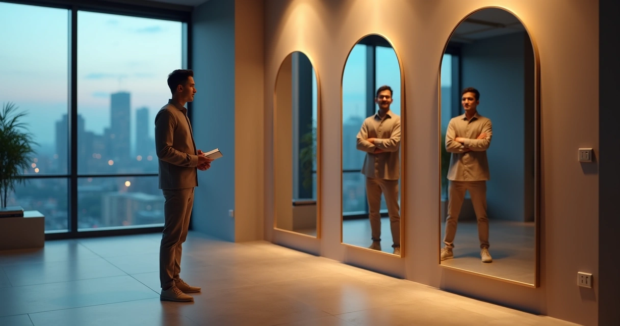 Líder emergente observando seu reflexo fragmentado em espelhos sobrepostos 