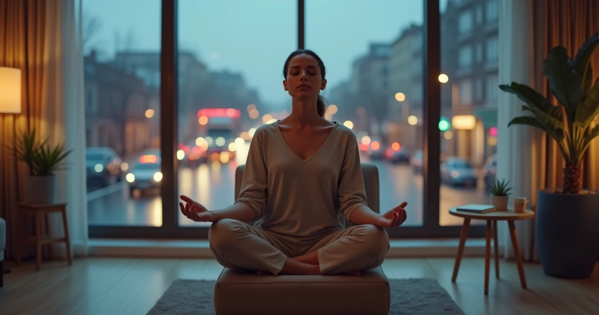 Pessoa sentada em posição de meditação em frente à janela durante crise urbana 