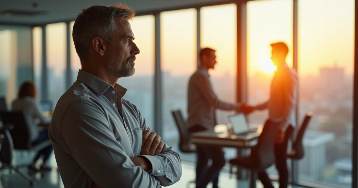 Líder serio mirando por la ventana de una oficina con su equipo desenfocado detrás 