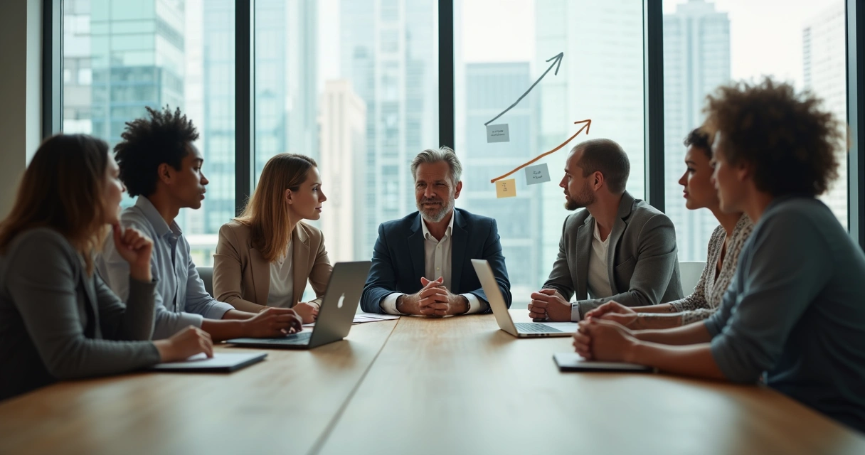 Líder escuchando a un equipo diverso en una reunión colaborativa 