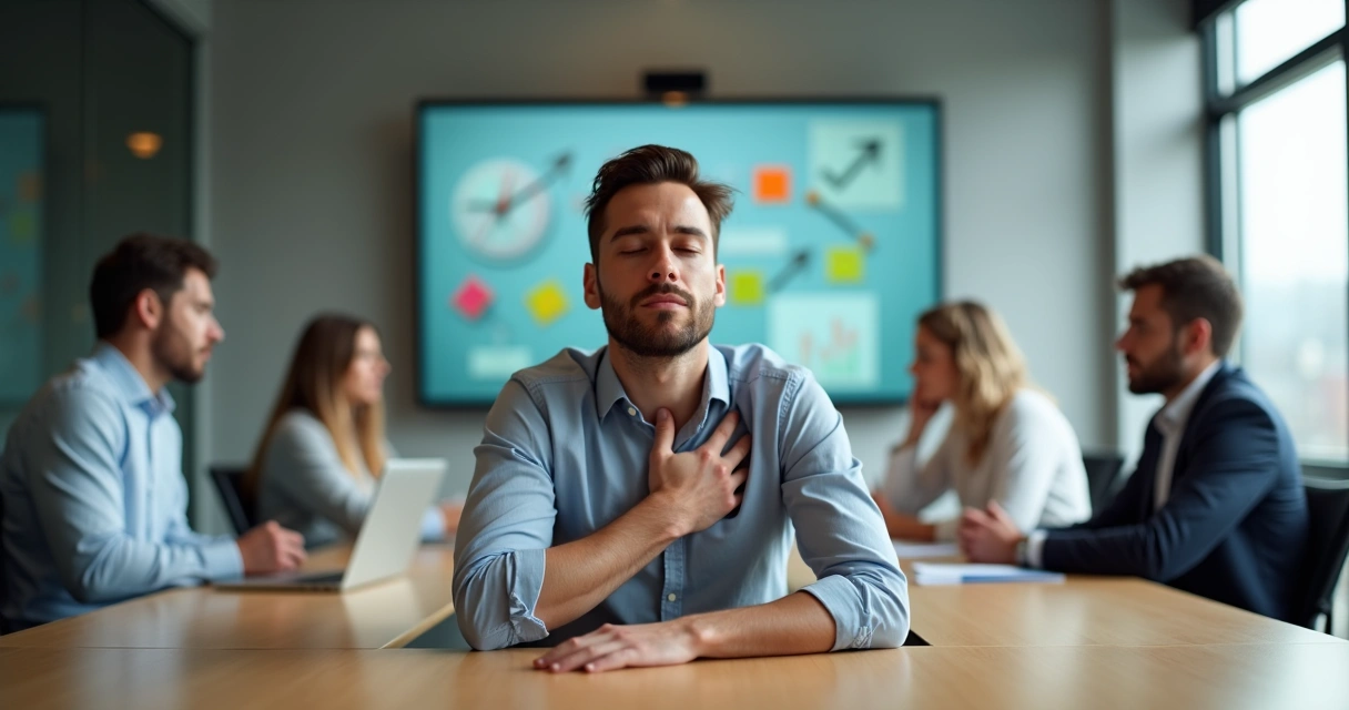 Líder sentado em sala de reunião moderna respirando fundo e mantendo a calma durante mudança organizacional intensa 
