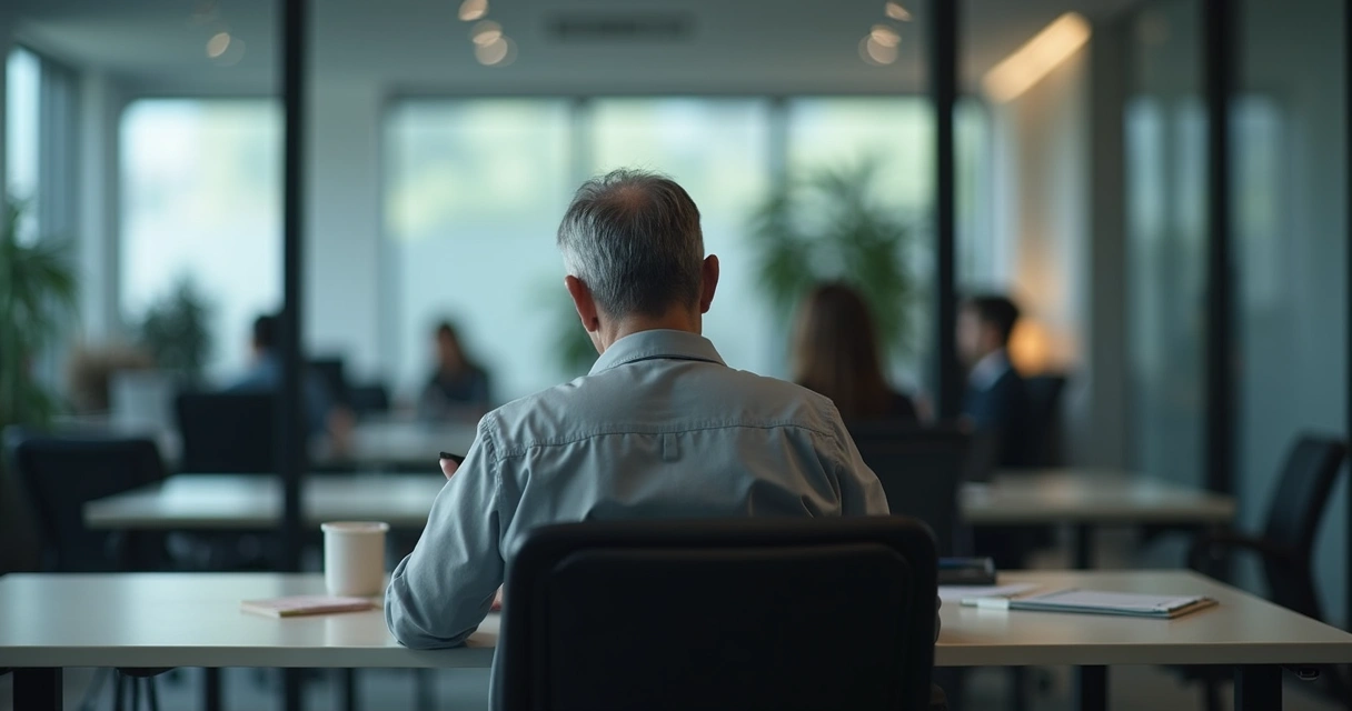 Líder sentado sozinho em ambiente de trabalho olhando para baixo, expressão pensativa, escritório moderno ao fundo