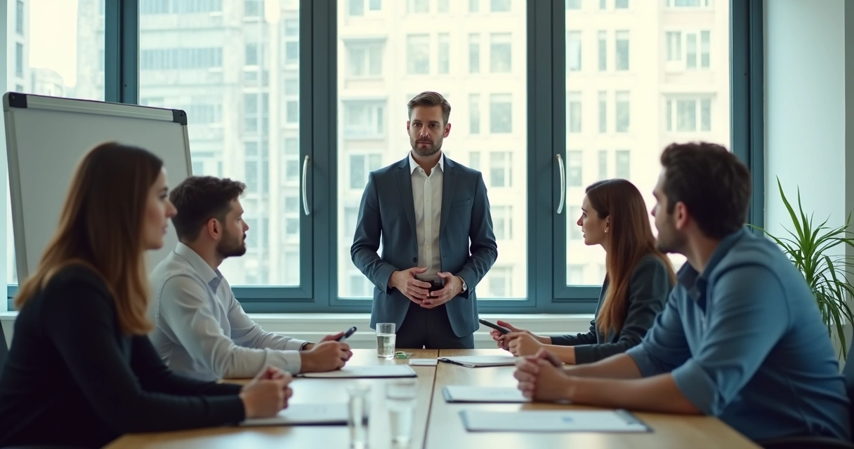 Gestor em reunião rodeado de colegas atentos e concentrados 