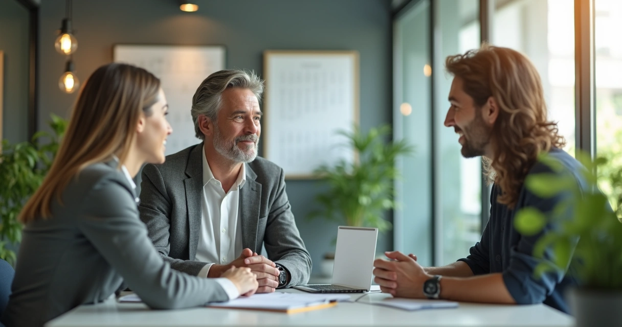Líder escuchando a un miembro del equipo en una oficina moderna 