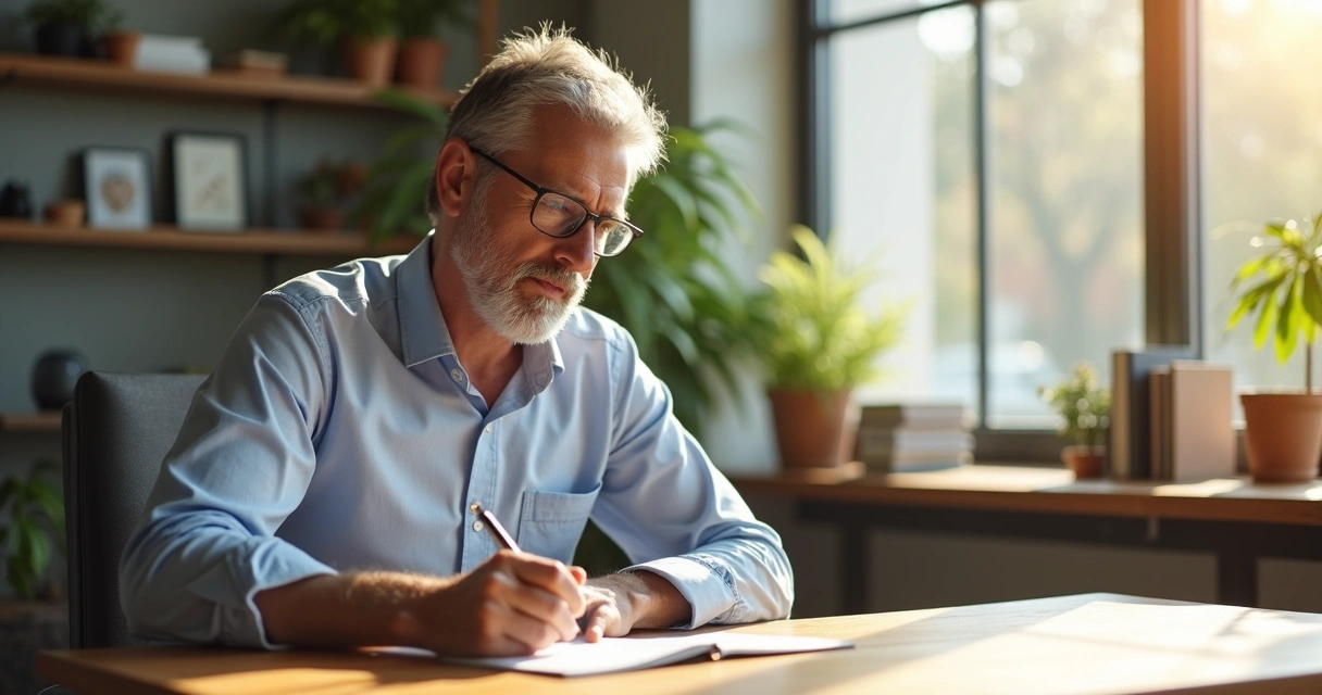 Pessoa escrevendo em bloco de notas, demonstrando reflexão num ambiente de trabalho tranquilo e organizado 