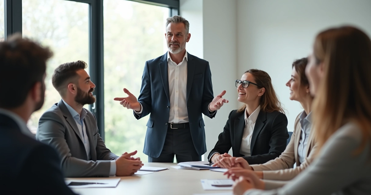 Líder gesticulando em conversa agradável entre colegas 
