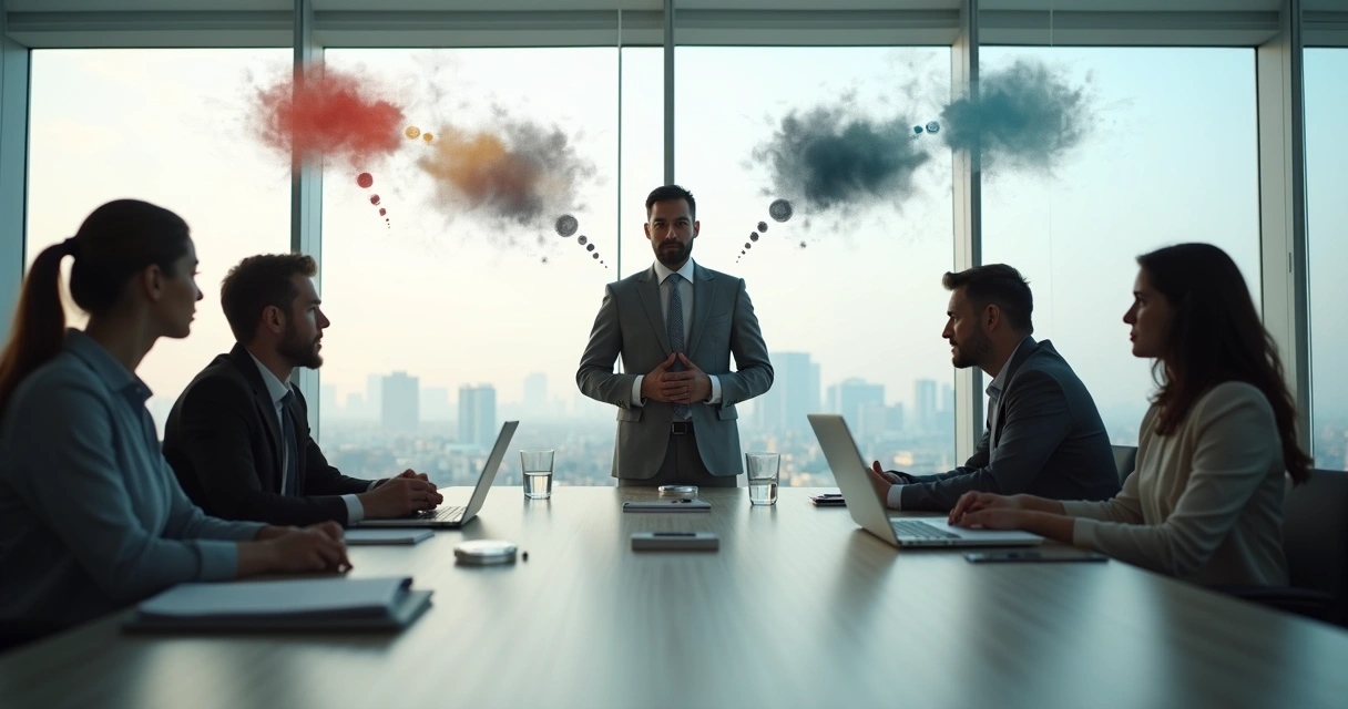 Líder em reunião vendo balões de fala turvos entre equipe 