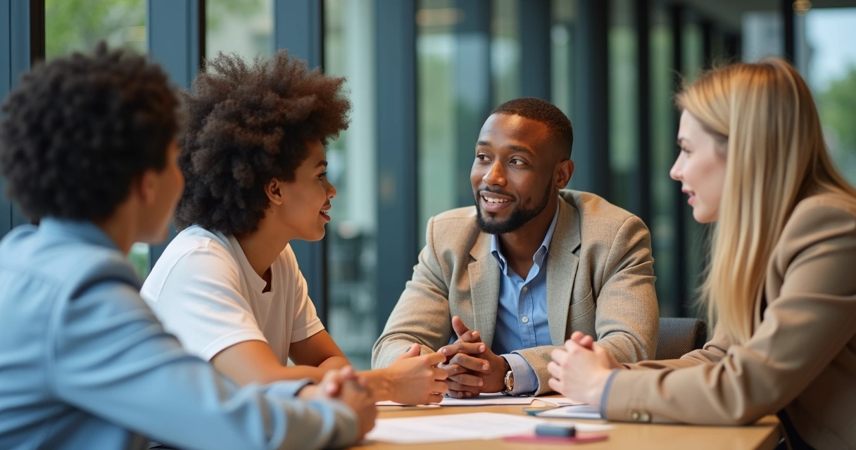 Líder escutando equipe em mesa de reunião 