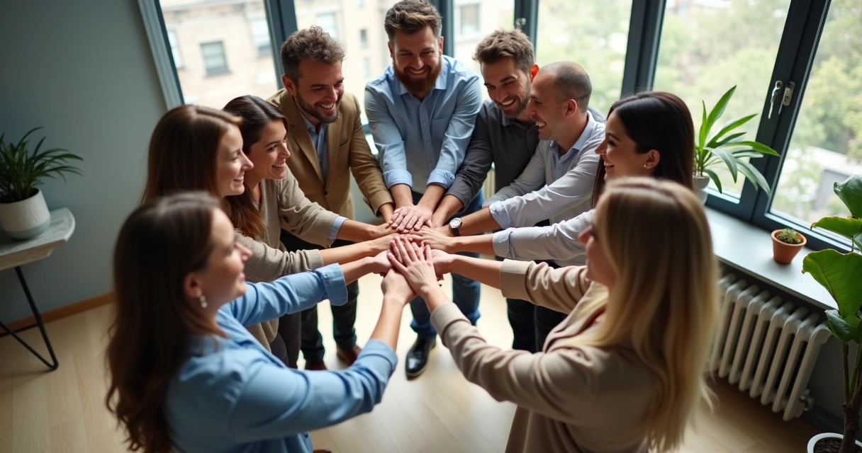 Equipe reunida em círculo, mostrando liderança inclusiva e clima positivo 