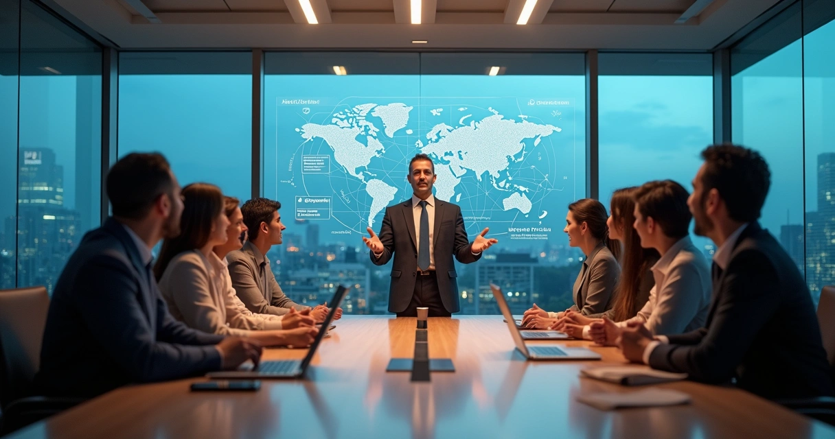 Líder em reunião estratégica com equipe diversa conectada por gráficos holográficos 