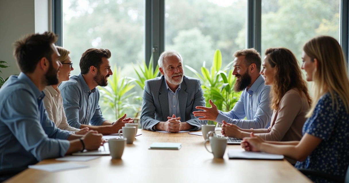 Líder empático conversando com equipe ao redor de mesa 