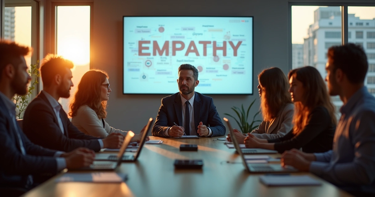 Líder em reunião escuta equipe diversa em escritório moderno 