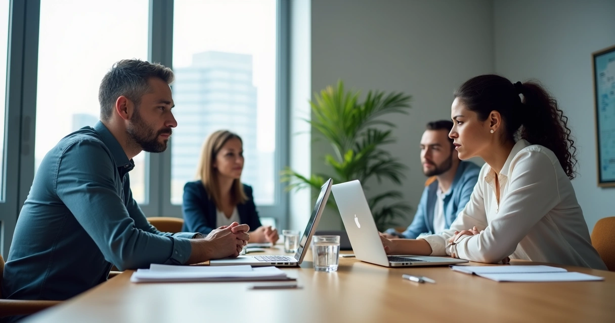 Líder ouvindo com atenção membro da equipe em reunião silenciosa 