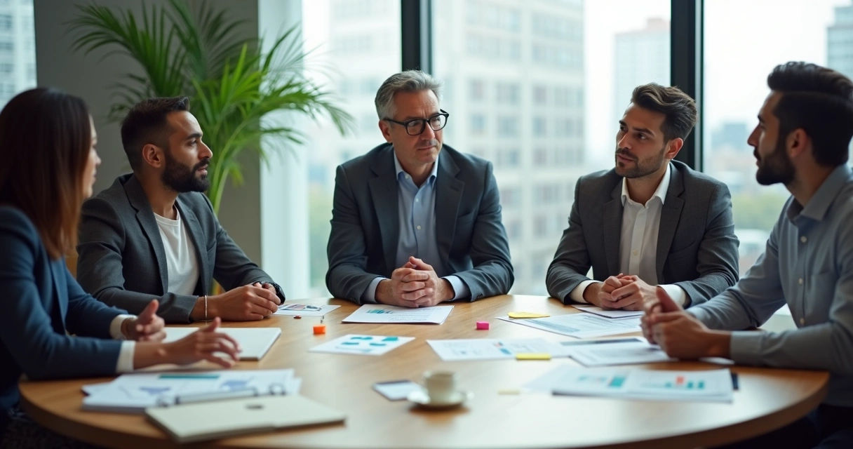 Líder escutando equipe em reunião ao redor de mesa redonda 
