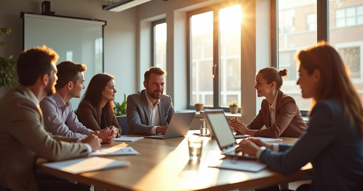 Persona dirigiendo reunión de trabajo con atención plena a su equipo 