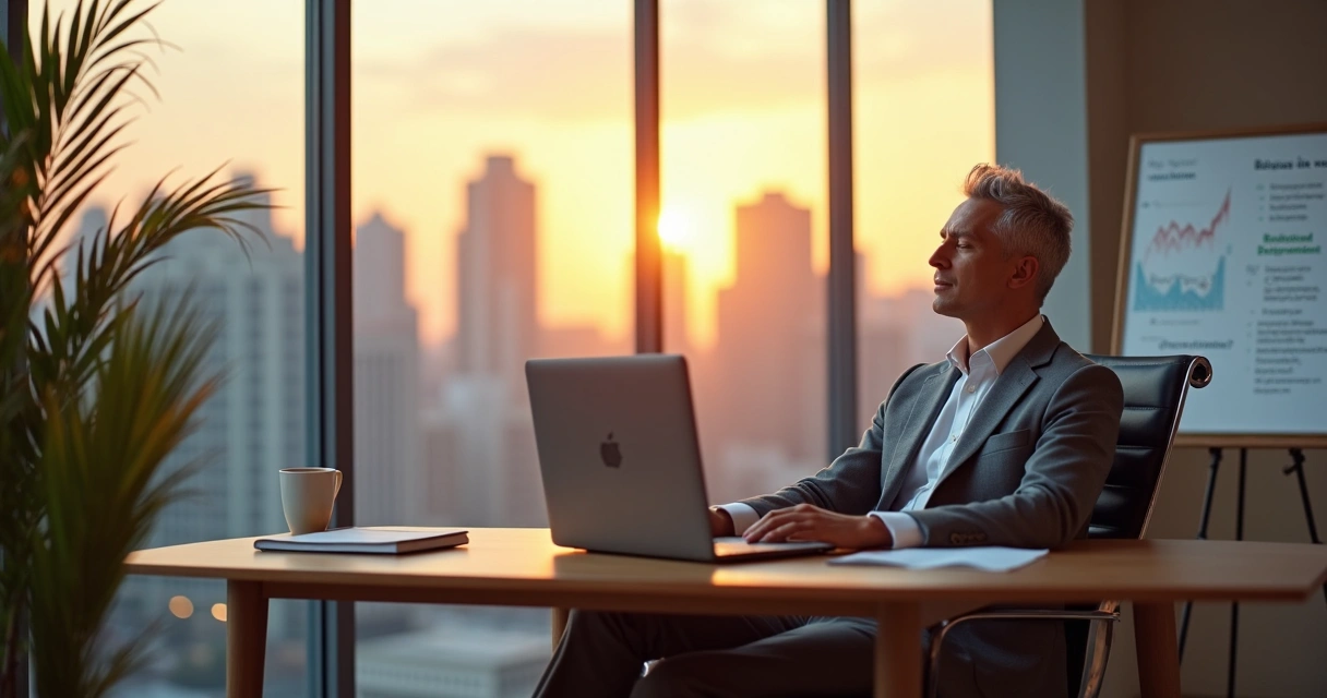 Líder de empresa en oficina mirando gráficos mientras practica respiración consciente 