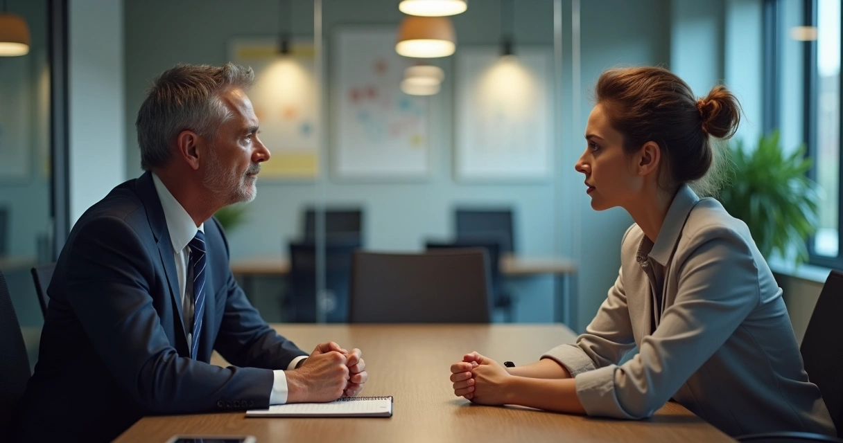 Líder de empresa conversa com funcionário mostrando postura firme, ambos em sala de reunião moderna 