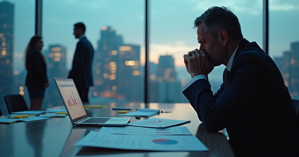Executivo pensativo em sala de reunião diante de decisão complexa 