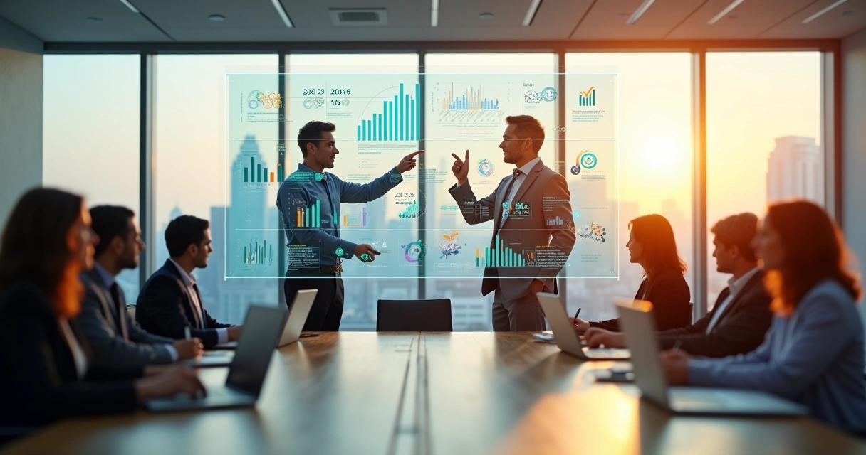 Líder empresarial analisando juntos indicadores humanos e financeiros em um painel digital 