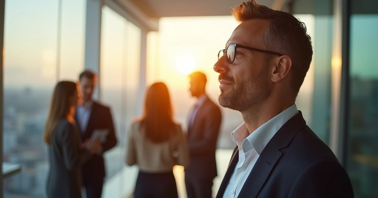 Líder empresarial olhando para o horizonte com equipe ao fundo 