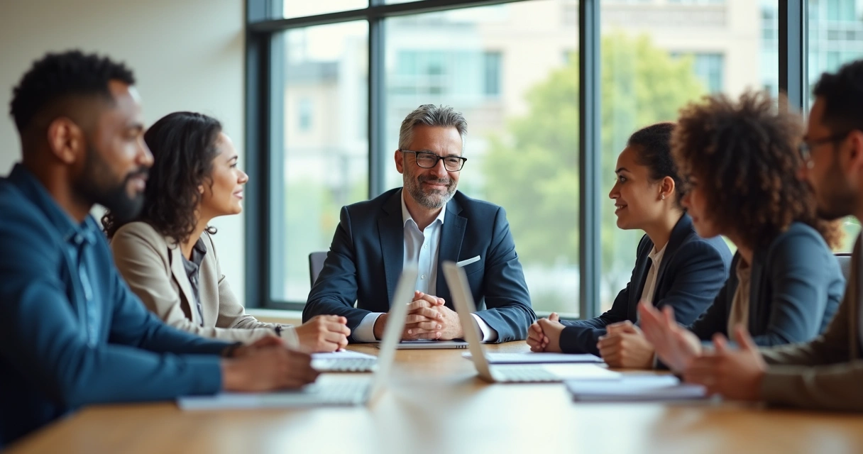 Líder conversa com grupo multicultural em ambiente corporativo