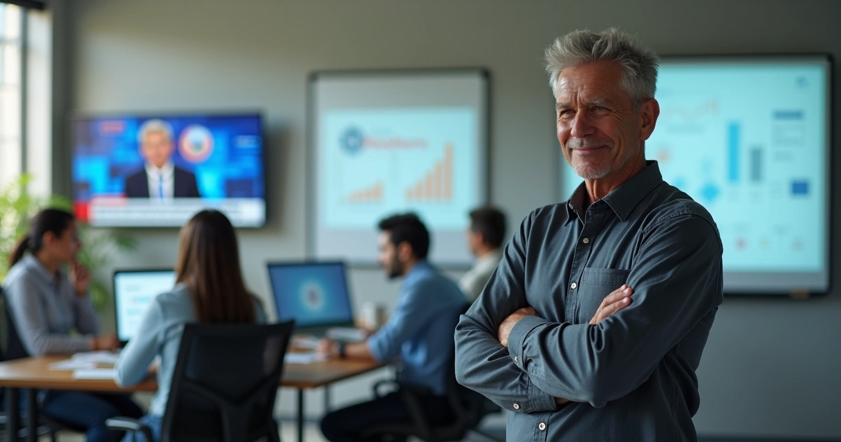Líder observa escritório com equipe focada enquanto noticiário político passa em telas ao fundo 