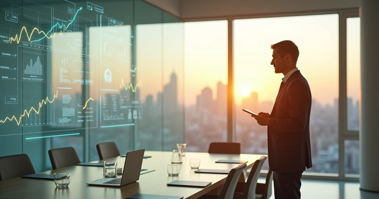 Líder empresarial olhando para painel com gráficos e reflexo de si mesmo em vidro 