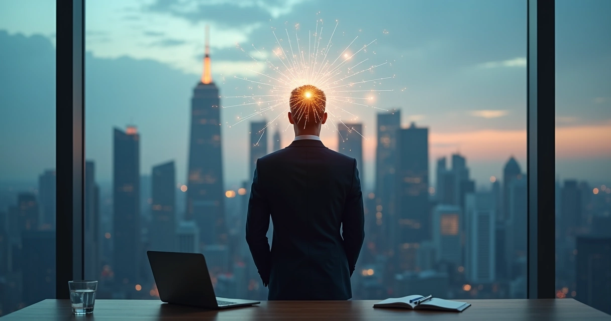 Líder empresarial pensativo diante de cidade com conexões luminosas representando autoconsciência 